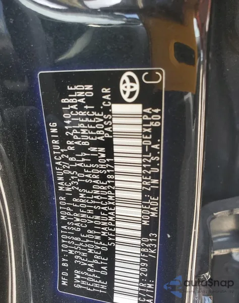 2021 Toyota Corolla Le из США, поврежденный, VIN 5YFEPMAEXMP218171